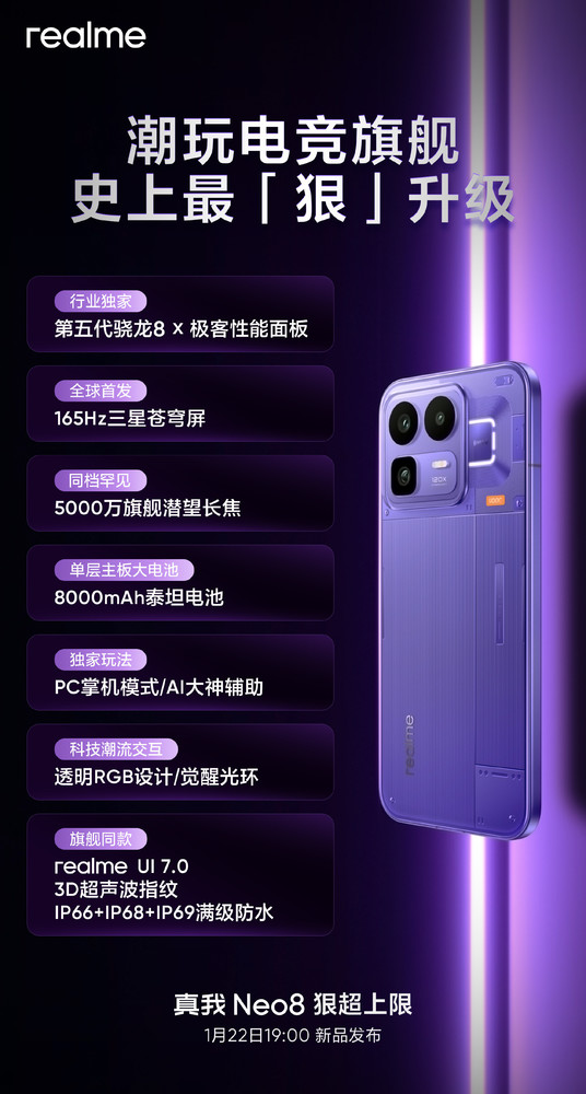 真我Neo8手机发布 配备骁龙芯和8K电池 2399元起售